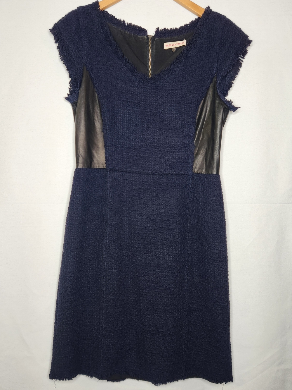 Rebecca Taylor Navy Textured Sheath Dress with Black Leather Panels